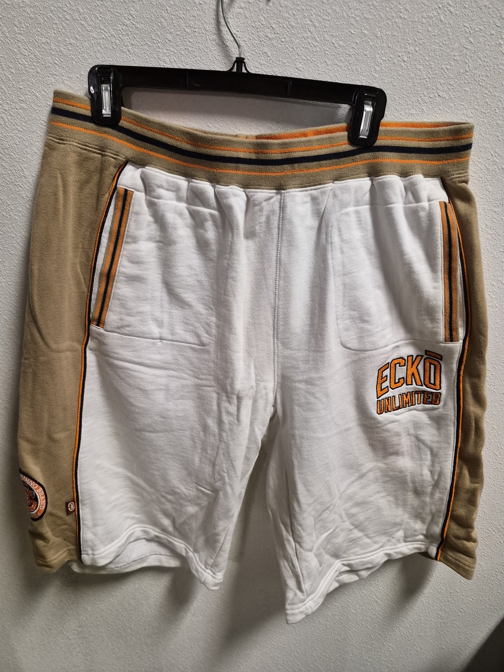 Ecko Unlimited Men’s White & Tan Athletic Shorts with Orange Accents